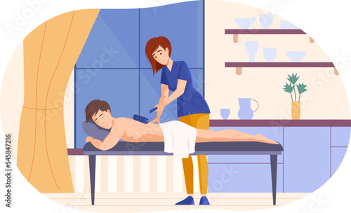 Relaxed man getting back massage with professional therapist. Female masseuse massaging body of patient. Massage procedure in medical clinic. Treatment therapy, healing and relaxation flat vector