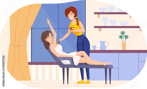 Beauty spa procedures hair removing at salon. Female beautician work with clients, armpit shugaring. Girl removing hair in beauty salon or spa.