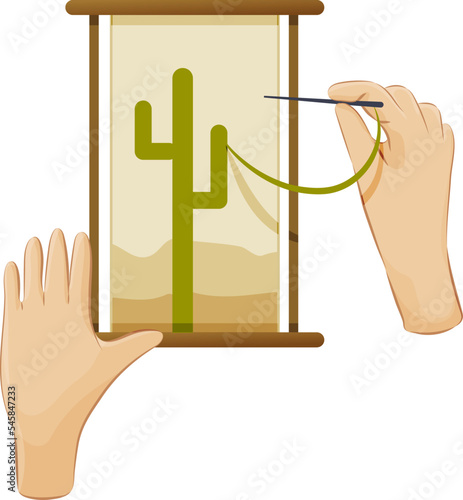 Female hands embroidering flowers with needle and thread, top view. Hands holding embroidery hoop with canvas. Creative hobby, craftwork, needlework, handicraft cartoon vector