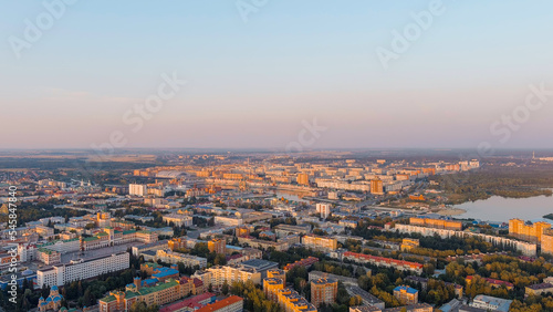 Yoshkar-Ola, Russia. Panorama of the central part of the city from the air during sunset, Aerial View © nikitamaykov