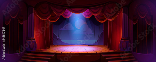 Theater stage with red curtains, spotlights and decor night ocean, moon and clouds. Theatre interior with empty wooden scene, luxury velvet drapes and stairs, music hall cartoon Vector illustration