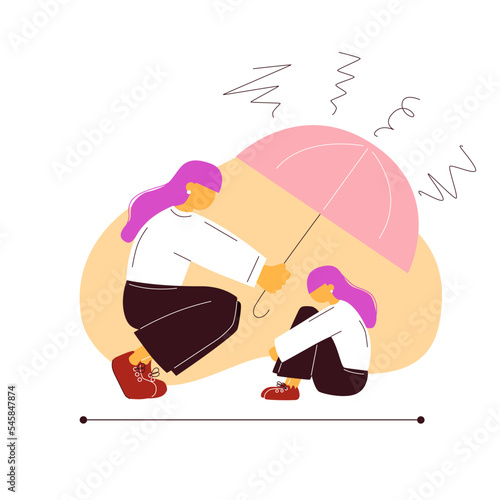 Woman hides under umbrella her sad inner child. Concept of mental health. Vector