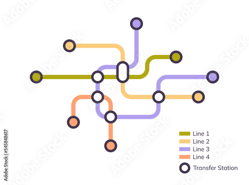 Scheme of metro stations and plan of subway with colorful lines, fictional metro map of underground, layout of public passenger transport routes, subway train tracks plan flat illustration.	
