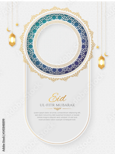 Eid Mubarak Golden Luxury Islamic Social Media Post with Arabic Style Pattern and Photo Frame