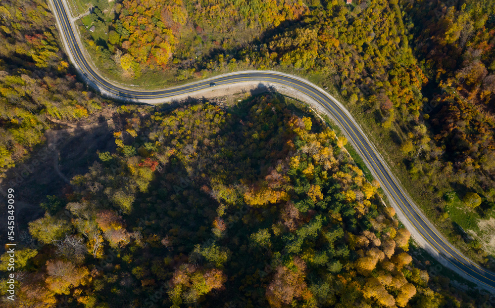 aerial view of inegol domanic road with beautiful autumn colors of nature