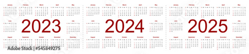 Simple editable vector calendars for year 2023 2024 2025. Week starts from Sunday. Isolated vector illustration on white background.