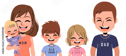 Vector illustration of cute family of five members wearing casual shirts with text. Father, mother and children together. Mom, baby, little sister, little brother and dad embroidered clothing