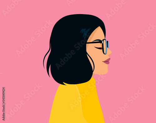 Young woman wearing yellow casual top and glasses looking to side, relax profile pose with natural face with confident smile