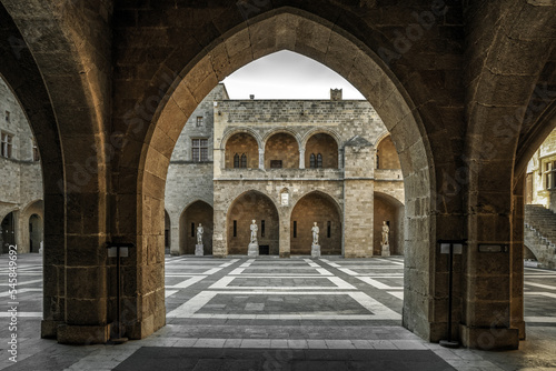 Courtyard insede of Palace of the Grand Master of the Knights of Rhodes in Old town of Rhodes island, Greece