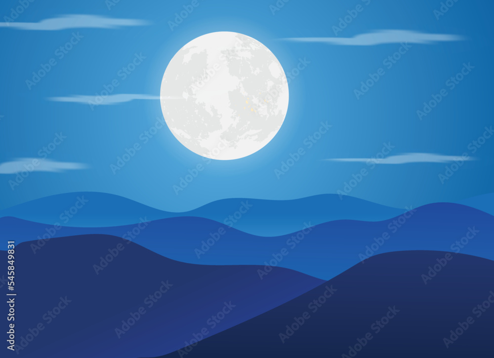 full moon night with mountain view. vector illustration