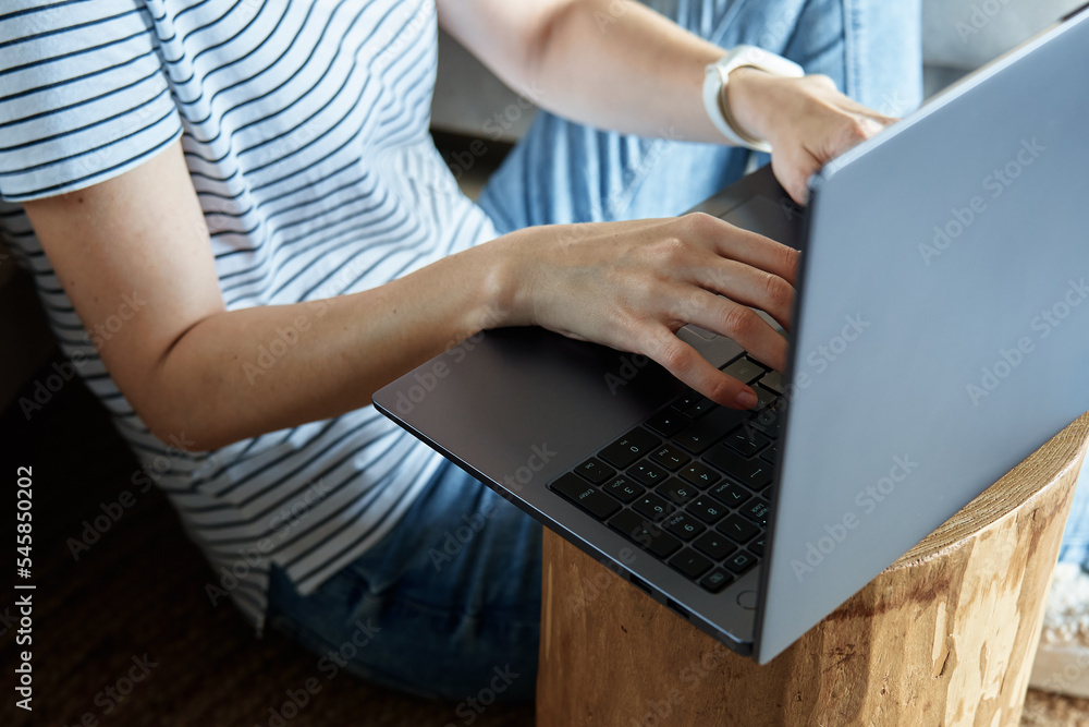 Working from home concept. Woman jands typing on laptop keyboard. Remote work from home workplace Working from home concept. Woman jands typing on laptop keyboard. Remote work from home workplace