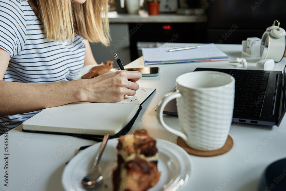 Freelancer working from home. Creative designer drawing illustration at notebook. Remote working workplace with laptop on the table Freelancer working from home. Creative designer drawing illustration at notebook. Remote working workplace with laptop on the table