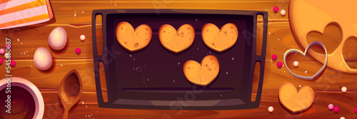 Baking sheet with cookies on kitchen table top view. Process of biscuits cooking with eggs, dough, bowl with melted chocolate and spoon on wooden counter, vector cartoon illustration