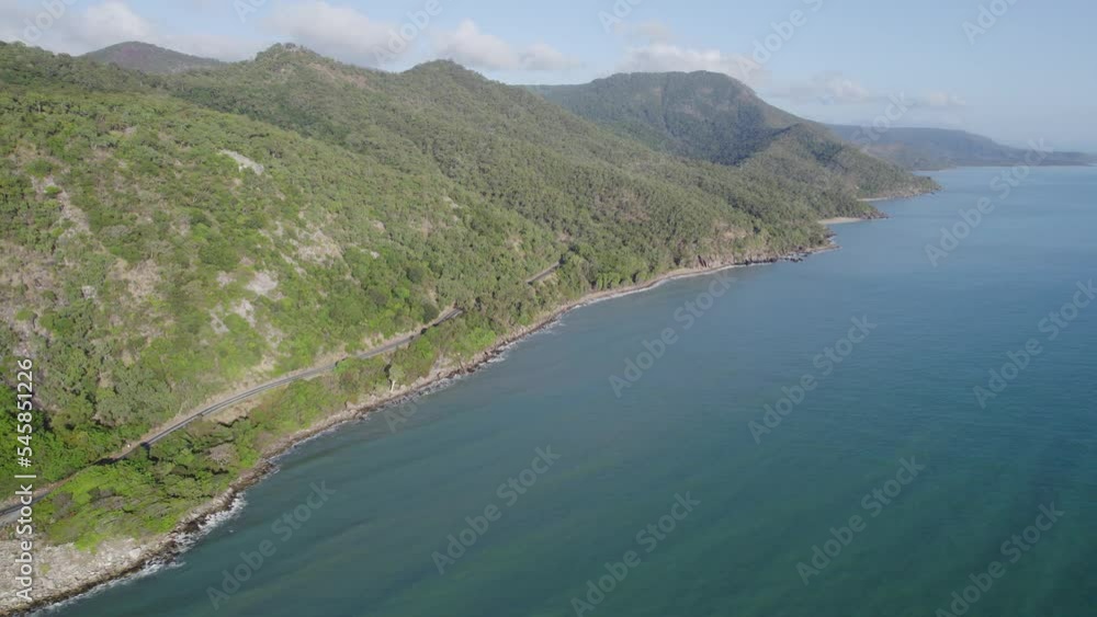 Lush Green Mountains And Idyllic Seascape Near Rex Lookout In North Queensland, Australia - aerial drone shot