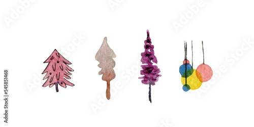 Watercolor set of Сhristmas tree, soft, purple, pink, white background