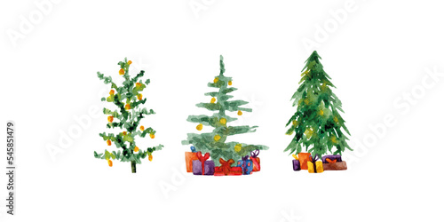 Watercolor set of Сhristmas tree, soft, green, white background