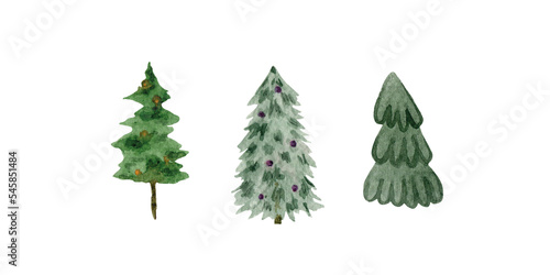 Watercolor set of Сhristmas tree, soft, green, white background