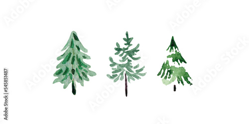 Watercolor set of Сhristmas tree, soft, green, white background