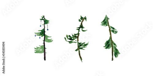 Watercolor set of Сhristmas tree, soft, green, white background