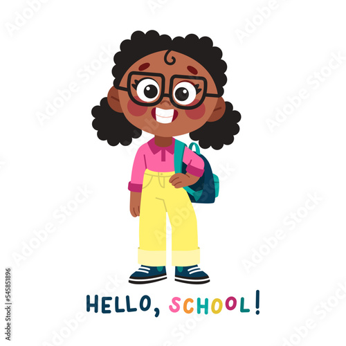 Cute school girl with backpack. Vector cartoon character with 1 September and school theme. Smiling afro american teenager in street style.