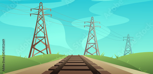 Railway track road past high voltage power lines. Path for train going into distance. Rails and sleepers. Cartoon fun style. Flat design. Vector.