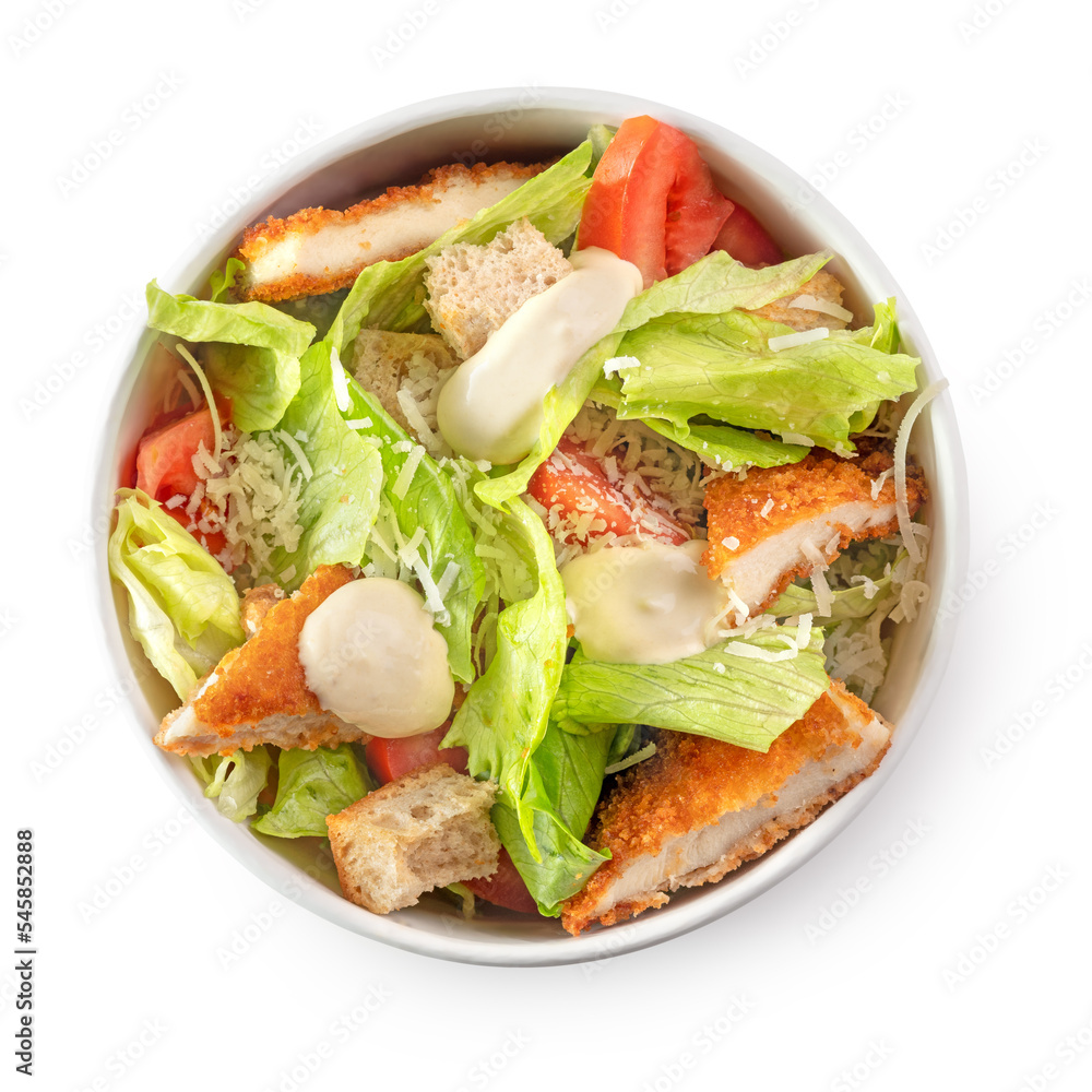 Caesar salad in paper bowl for take away, isolated on white background Caesar salad in paper bowl for take away, isolated on white background