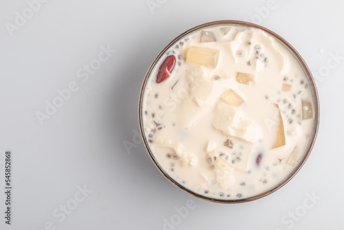 fresh milk tofu in a cup on white background Taohuai Fruit Salad