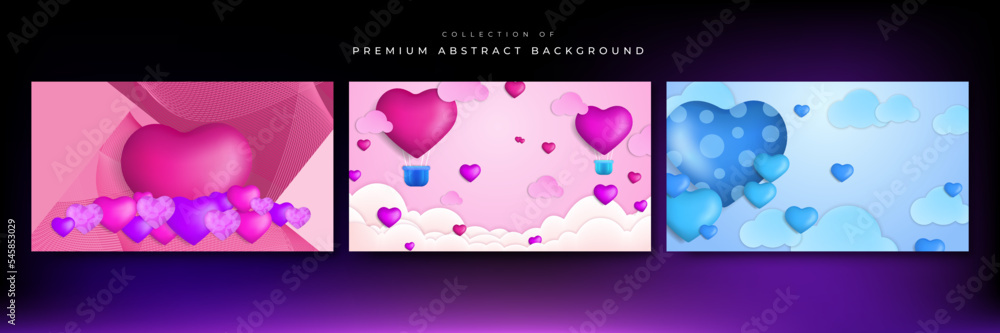 Red, pink and blue Valentine christmas new year 3d design background with love heart shaped balloon. Vector illustration, greeting banner, card, wallpaper, flyer, poster, brochure, wedding invitation