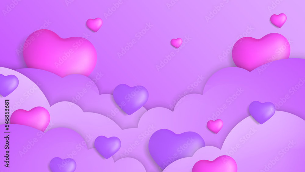 Purple violet Valentine christmas new year 3d design background with love heart shaped balloon. Vector illustration, greeting banner, card, wallpaper, flyer, poster, brochure, wedding invitation