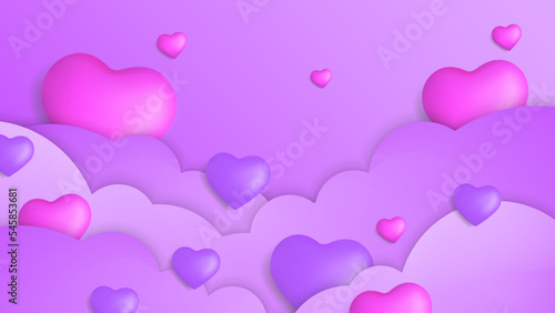 Purple violet Valentine christmas new year 3d design background with love heart shaped balloon. Vector illustration, greeting banner, card, wallpaper, flyer, poster, brochure, wedding invitation