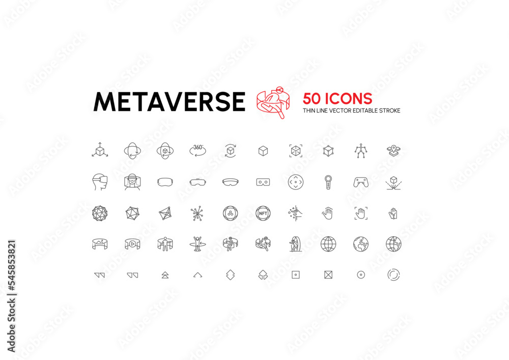 50 Thin line icons with editable stroke, Metaverse, Virtual reality icon set. 50 Thin line icons with editable stroke, Metaverse, Virtual reality icon set.