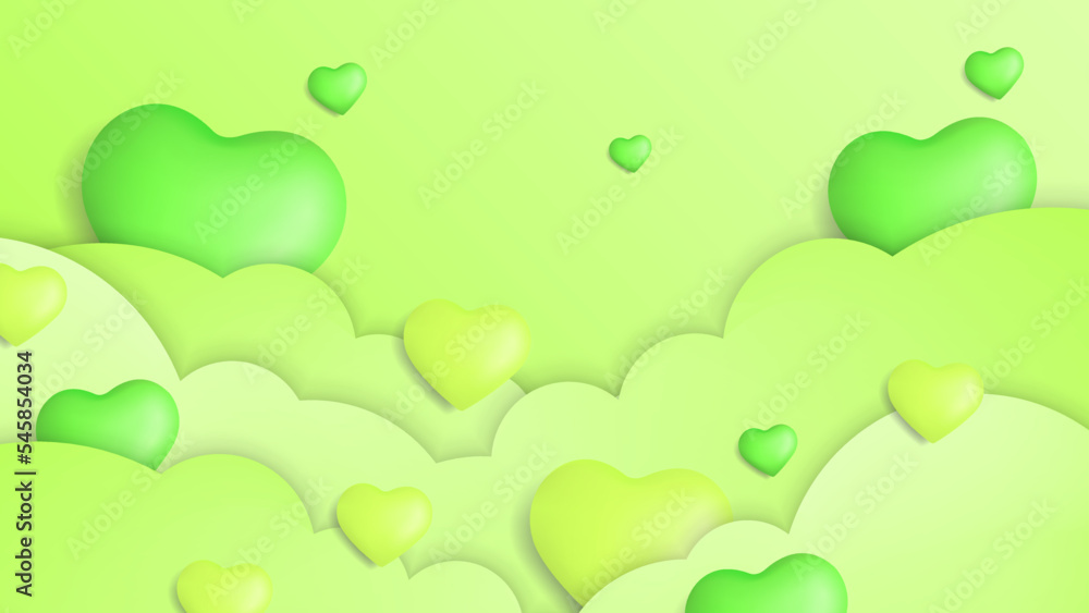 Green Valentine christmas new year 3d design background with love heart shaped balloon. Vector illustration, greeting banner, card, wallpaper, flyer, poster, brochure, wedding invitation