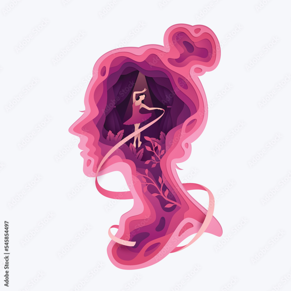 Paper cut layered woman head with ballerina silhouette, business or mind psychology concept - obrazy, fototapety, plakaty 