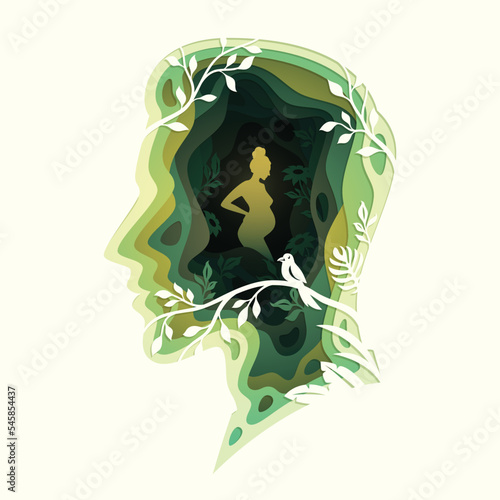 Paper cut layered human head with happy pregnant woman holds her belly, business or mind psychology concept
