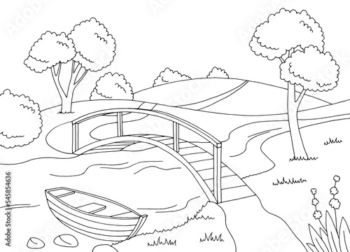 Bridge river graphic black white landscape sketch illustration vector 