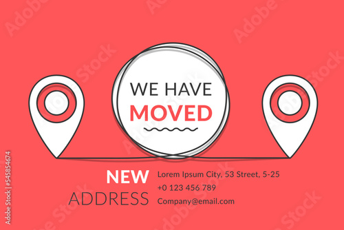 We have moved concept with and map pins and circle in the center on red background