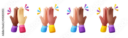 Fototapeta Naklejka Na Ścianę i Meble -  High five 3d render multiracial hands gesture. Team work, international partnership, friends meeting, friendship, support and cooperation. Palms clapping isolated illustration in cartoon plastic style