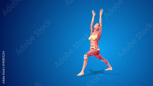 3D human Virabhadrasana I Variation extended warrior I yoga pose on blue background