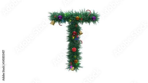 Capital letter T from Christmas tree twigs with decorations on transparent background. Christmas alphabet. Letters from Christmas tree branches with decorations. 3d illustration