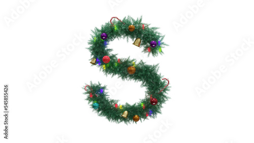 Capital letter S from Christmas tree twigs with decorations on transparent background. Christmas alphabet. Letters from Christmas tree branches with decorations. 3d illustration
