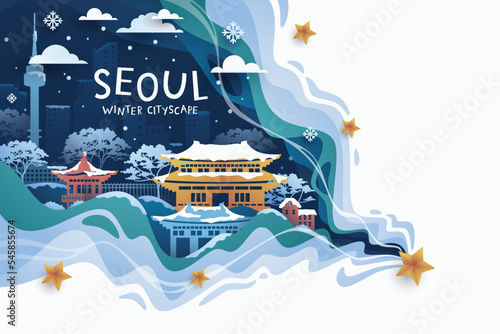 Korea famous landmarks travel banner in winter