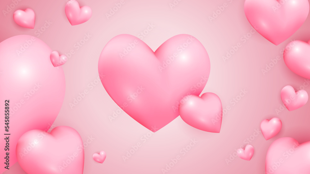 Red pink and white Valentine christmas new year 3d design background with love heart shaped balloon. Vector illustration, greeting banner, card, wallpaper, flyer, poster, brochure, wedding