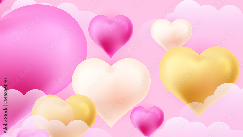 Red pink and gold Valentine christmas new year 3d design background with love heart shaped balloon. Vector illustration, greeting banner, card, wallpaper, flyer, poster, brochure, wedding