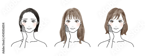 ほうれい線に困った顔をしている女性の水彩ベクターイラストセット