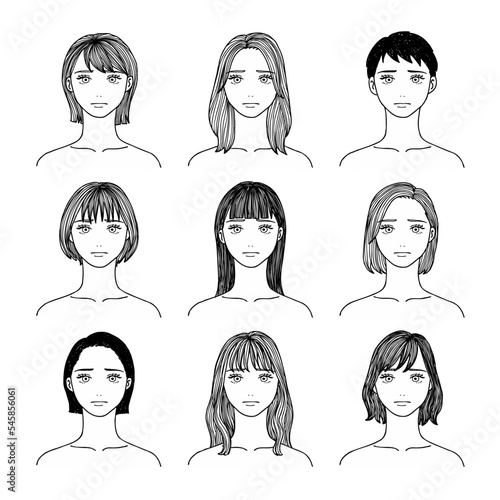 色々な髪型で困った表情をしている9人の女性の線画ベクターイラストセット
