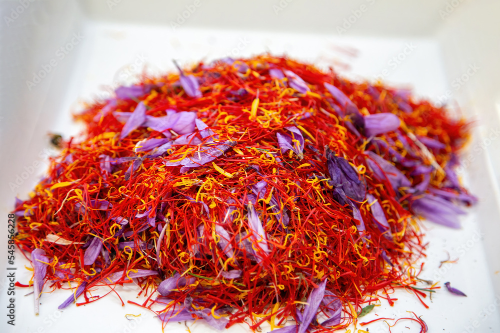 Naklejka premium Saffron pile, flower stamens and petals close up. Crocus separation process,