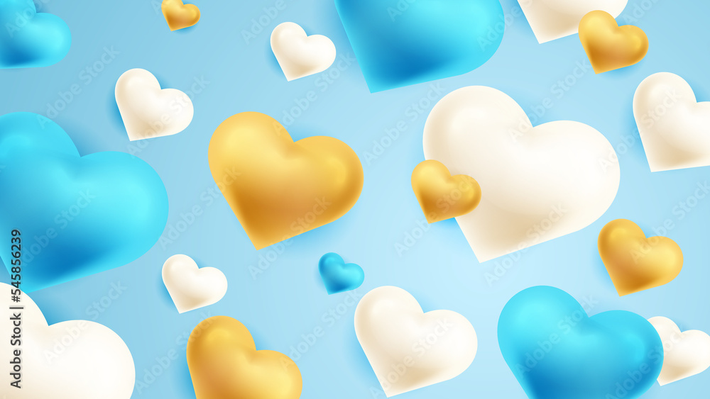 Blue gold and white Valentine christmas new year 3d design background with love heart shaped balloon. Vector illustration, greeting banner, card, wallpaper, flyer, poster, brochure, wedding Blue gold and white Valentine christmas new year 3d design background with love heart shaped balloon. Vector illustration, greeting banner, card, wallpaper, flyer, poster, brochure, wedding