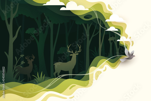 Deer in natural forest layered shape wavy background in paper cut style