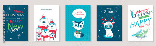 Merry Christmas and Happy New Year 2023 brochure covers set. Xmas minimal banner design with polar bears in hats, cat with gift, cute reindeer. Vector illustration for flyer, poster or greeting card.