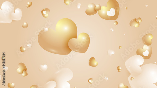 Beige gold pastel and white Valentine christmas new year 3d design background with love heart shaped balloon. Vector illustration, greeting banner, card, wallpaper, flyer, poster, brochure, wedding